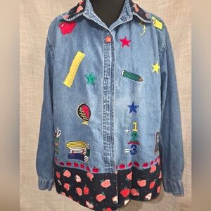 Vintage Dressbarn Woman "Back to School" denim button-up shirt with apple button